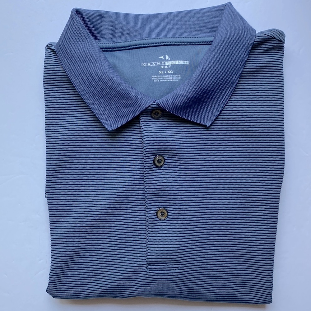 Grand Slam men’s Gold polo shirt Blue striped shirt sleeve solid collar sz XL